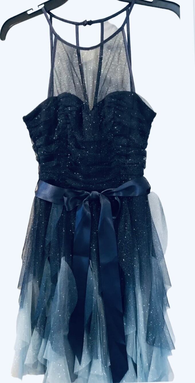 Teeze Me Dress Illusion Neck Tulip Skirt Blue Sparkle Womens Junior 9/10